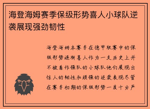 海登海姆赛季保级形势喜人小球队逆袭展现强劲韧性